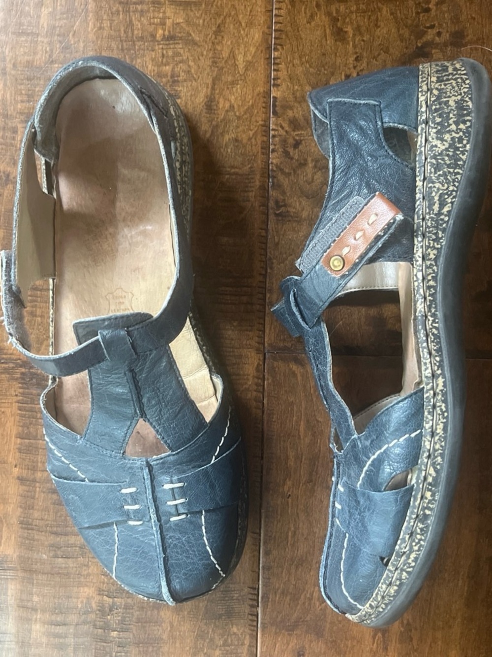 Rieker Daisy 80 Antistress blue leather comfort Mary Janes with white stitching